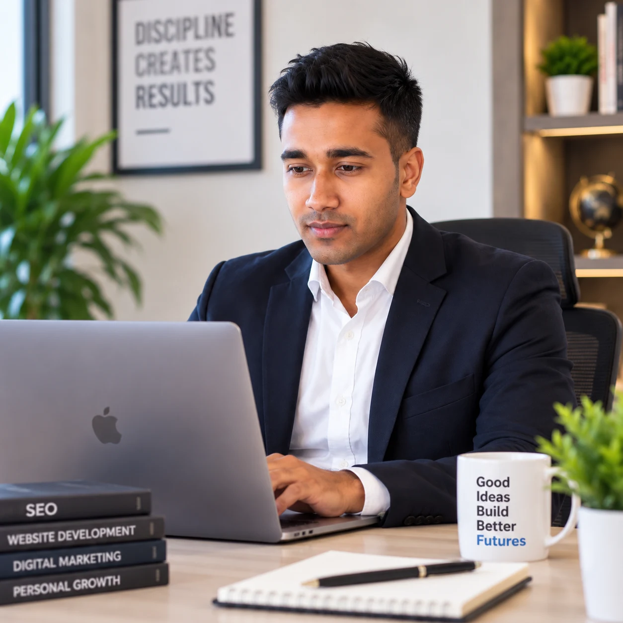 Manoj Koch reviewing an SEO strategy and keyword report